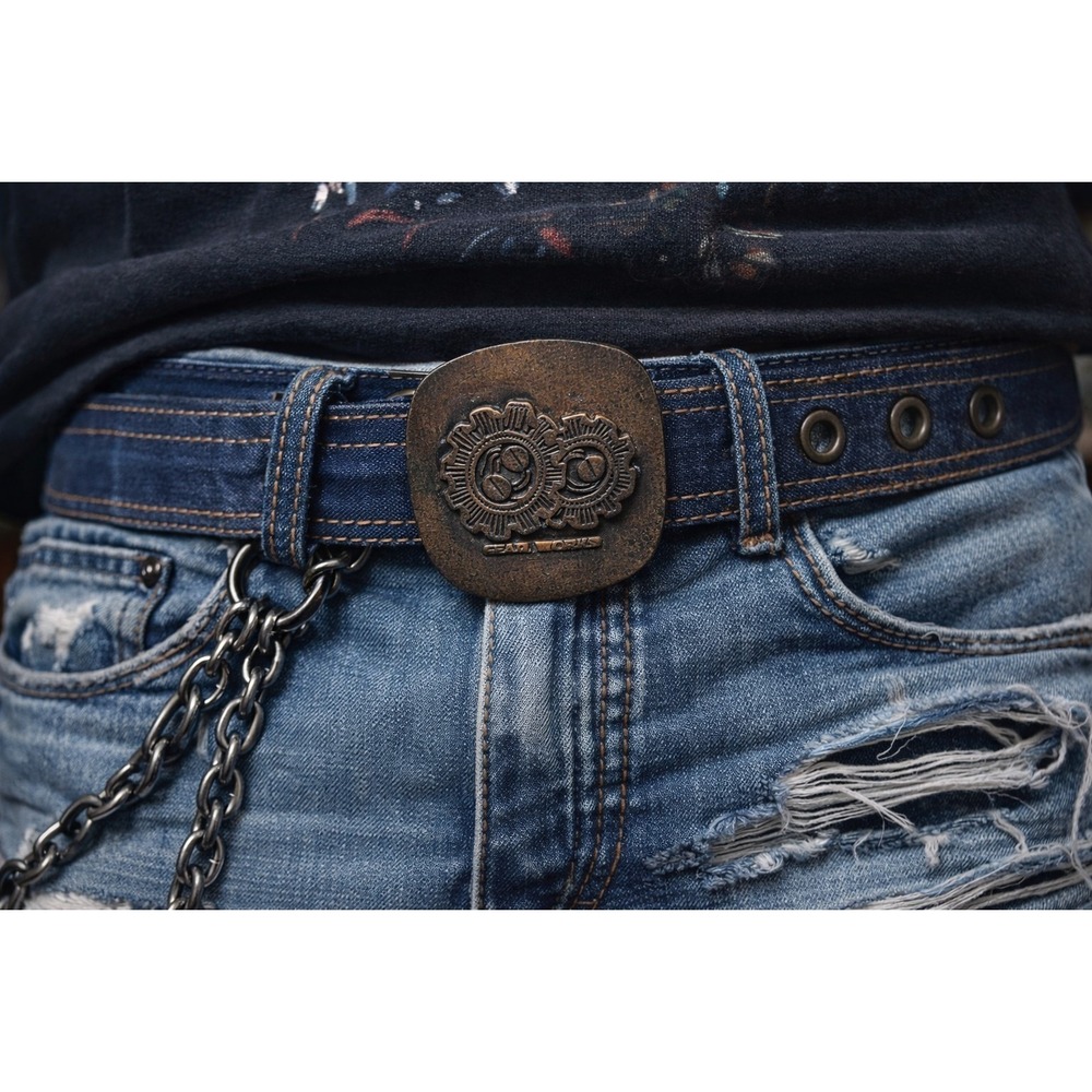 Y2K Gear Works Industrial Belt 30 Blue Canvas Leather Grommet Buckle